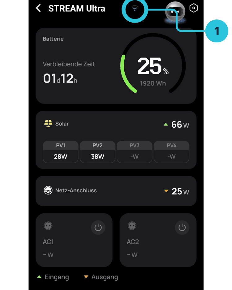 Geräteansicht der EcoFlow-App mit WLAN-Symbol im oberen Bereich