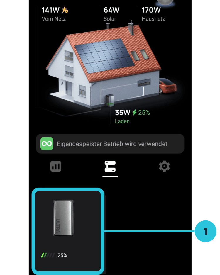 Startseite der EcoFlow-App mit markiertem Gerät zum Öffnen der Geräteansicht