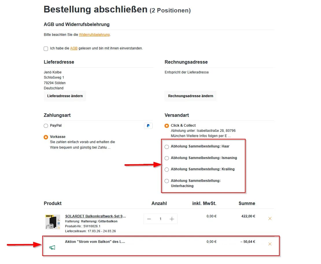Versandoptionen an der Kasse vor dem Bezahlen